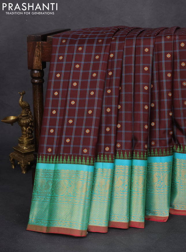 Pure gadwal silk saree coffee brown and teal bluish green with allover checked pattern & zari buttas and temple design zari woven border