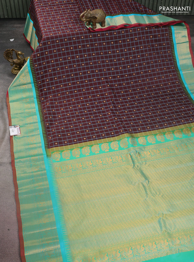 Pure gadwal silk saree coffee brown and teal bluish green with allover checked pattern & zari buttas and temple design zari woven border