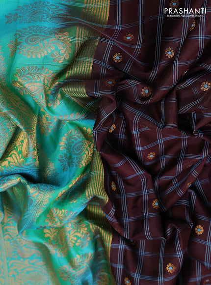 Pure gadwal silk saree coffee brown and teal bluish green with allover checked pattern & zari buttas and temple design zari woven border