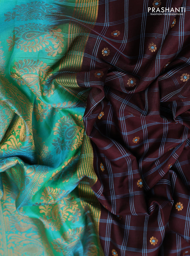 Pure gadwal silk saree coffee brown and teal bluish green with allover checked pattern & zari buttas and temple design zari woven border