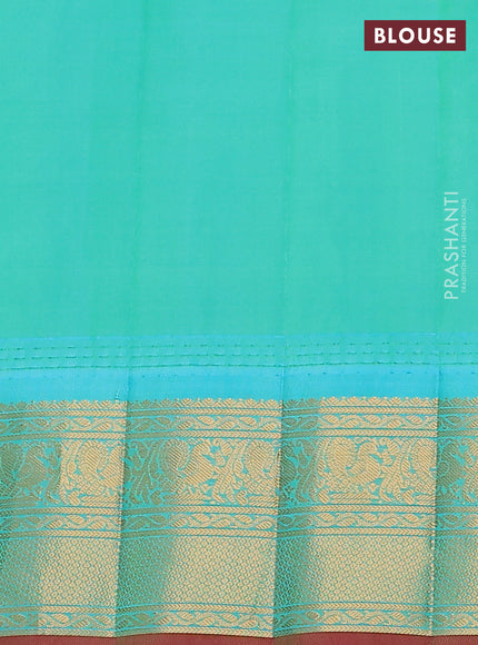 Pure gadwal silk saree coffee brown and teal bluish green with allover checked pattern & zari buttas and temple design zari woven border