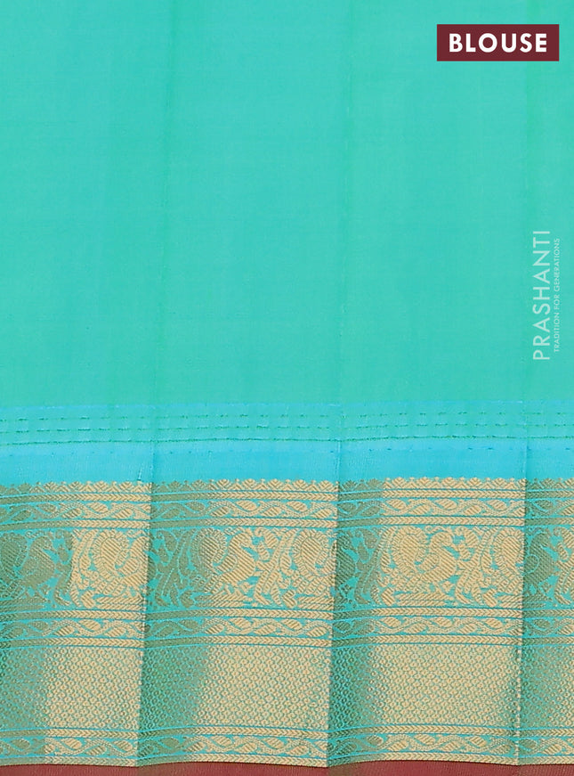 Pure gadwal silk saree coffee brown and teal bluish green with allover checked pattern & zari buttas and temple design zari woven border