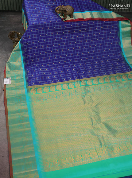 Pure gadwal silk saree blue and teal blue with allover checked pattern & zari buttas and temple design zari woven border
