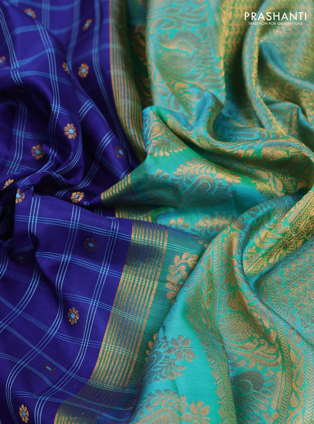 Pure gadwal silk saree blue and teal blue with allover checked pattern & zari buttas and temple design zari woven border