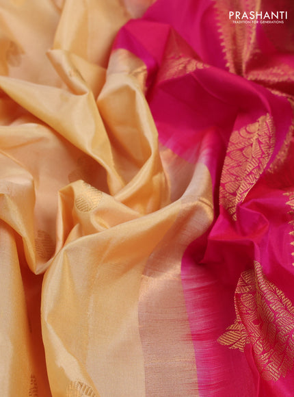 Pure gadwal silk saree sandal and pink with zari woven paisley buttas and temple design zari woven border