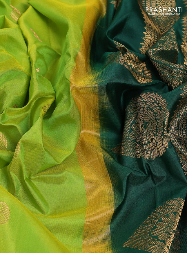 Pure gadwal silk saree dual shade of light green and green with zari woven paisley buttas and temple design zari woven border