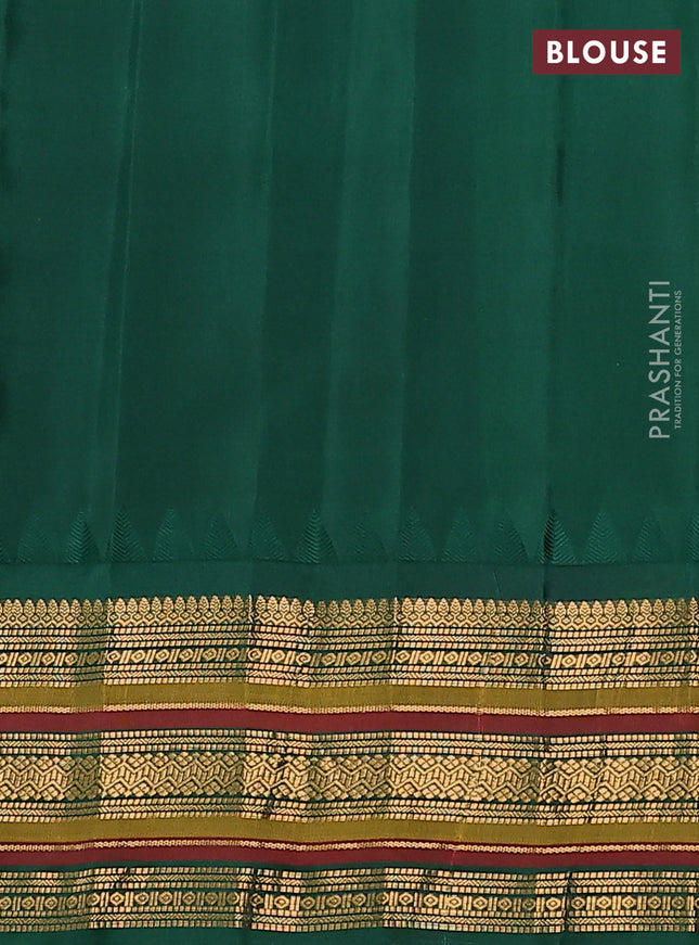 Pure gadwal silk saree dual shade of light green and green with zari woven paisley buttas and temple design zari woven border