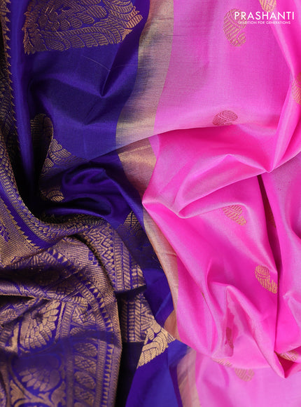 Pure gadwal silk saree light pink and blue with zari woven paisley buttas and temple design zari woven border