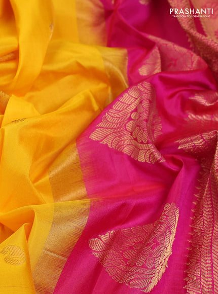 Pure gadwal silk saree yellow and pink with zari woven paisley buttas and temple design zari woven border