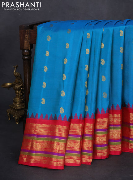 Pure gadwal silk saree cs blue and pink with zari woven paisley buttas and temple design zari woven border