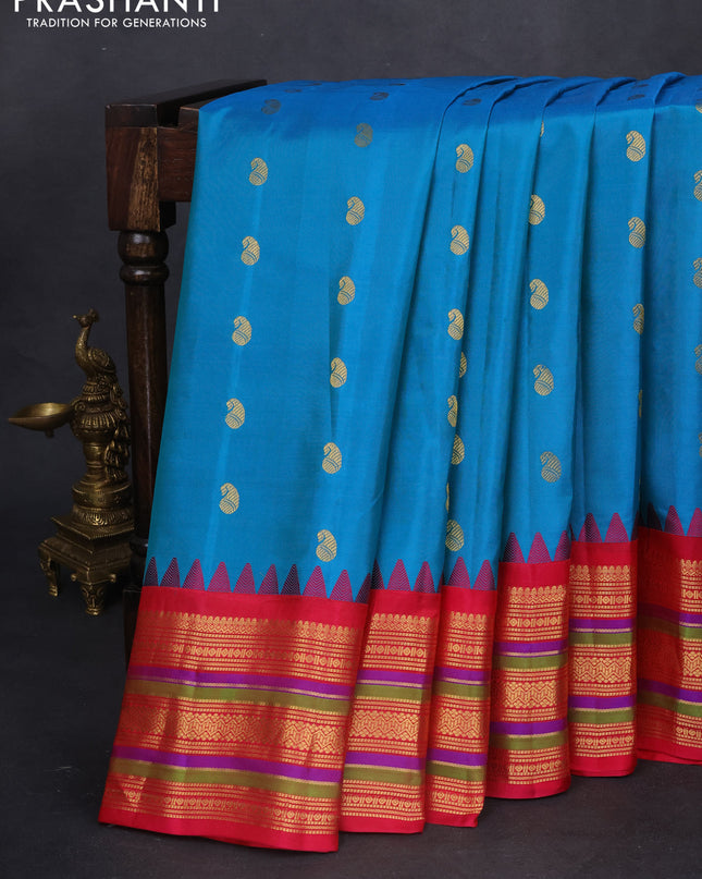Pure gadwal silk saree cs blue and pink with zari woven paisley buttas and temple design zari woven border
