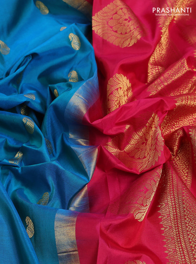 Pure gadwal silk saree cs blue and pink with zari woven paisley buttas and temple design zari woven border