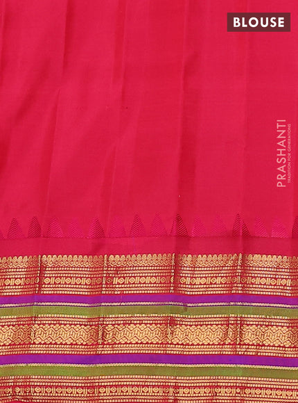 Pure gadwal silk saree cs blue and pink with zari woven paisley buttas and temple design zari woven border