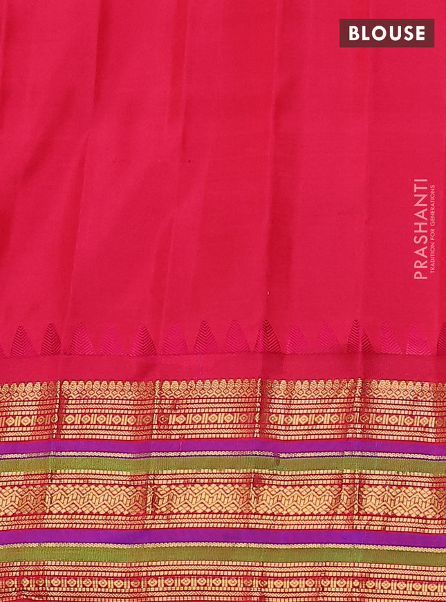 Pure gadwal silk saree cs blue and pink with zari woven paisley buttas and temple design zari woven border