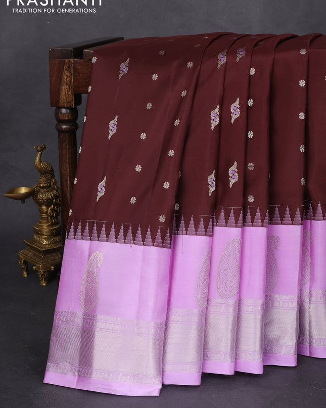 Pure gadwal silk saree coffee brown and lavender with allover silver zari woven buttas and long paisley design silver zari woven border