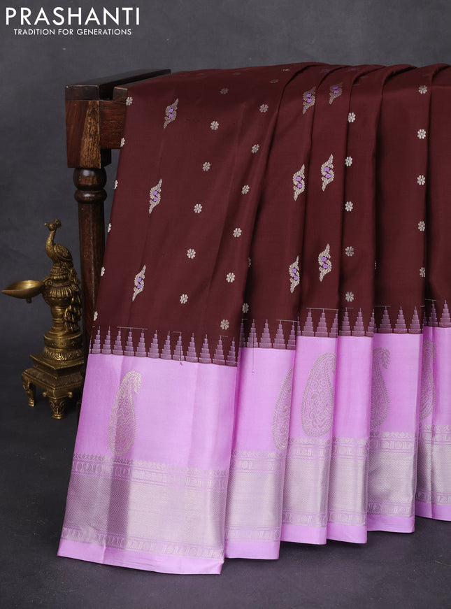 Pure gadwal silk saree coffee brown and lavender with allover silver zari woven buttas and long paisley design silver zari woven border