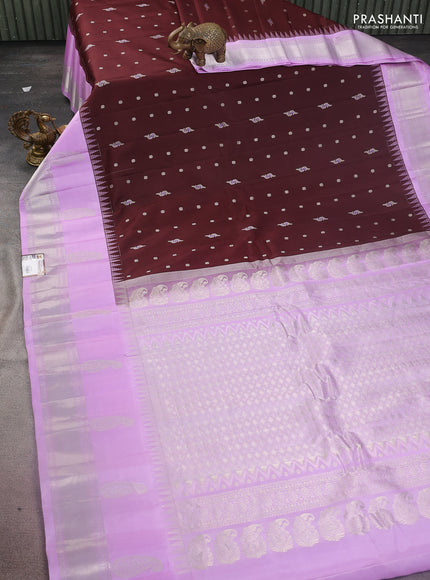 Pure gadwal silk saree coffee brown and lavender with allover silver zari woven buttas and long paisley design silver zari woven border