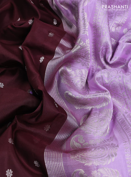 Pure gadwal silk saree coffee brown and lavender with allover silver zari woven buttas and long paisley design silver zari woven border