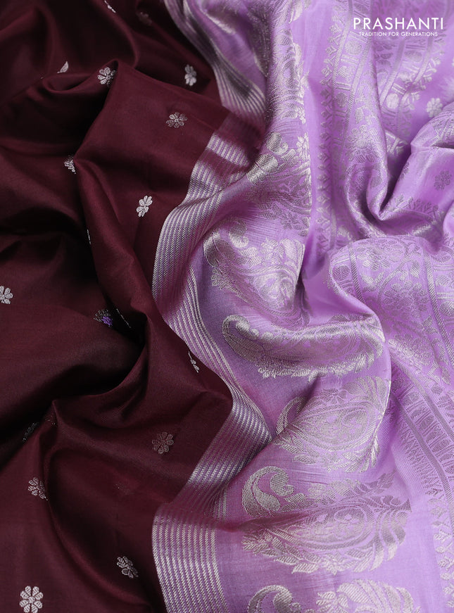 Pure gadwal silk saree coffee brown and lavender with allover silver zari woven buttas and long paisley design silver zari woven border