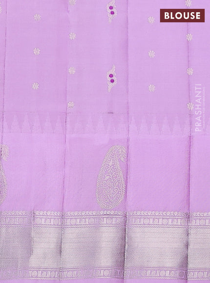Pure gadwal silk saree coffee brown and lavender with allover silver zari woven buttas and long paisley design silver zari woven border
