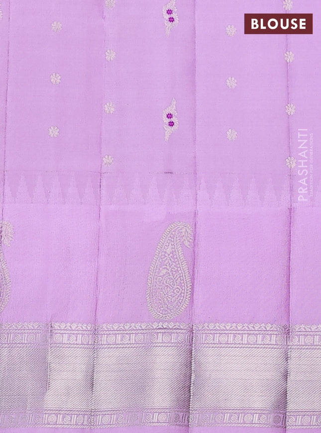 Pure gadwal silk saree coffee brown and lavender with allover silver zari woven buttas and long paisley design silver zari woven border