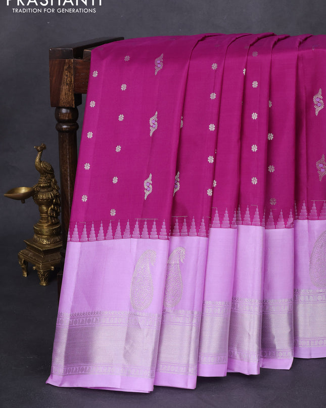 Pure gadwal silk saree purple and lavender with allover silver zari woven buttas and long paisley design silver zari woven border