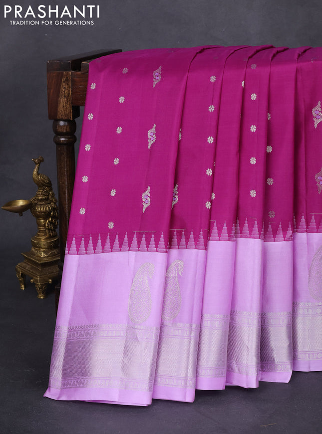 Pure gadwal silk saree purple and lavender with allover silver zari woven buttas and long paisley design silver zari woven border
