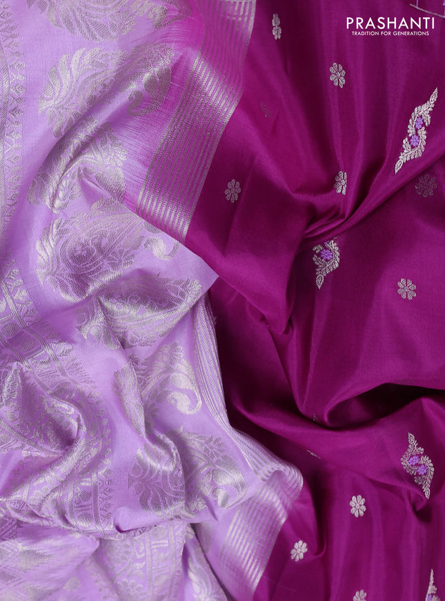 Pure gadwal silk saree purple and lavender with allover silver zari woven buttas and long paisley design silver zari woven border