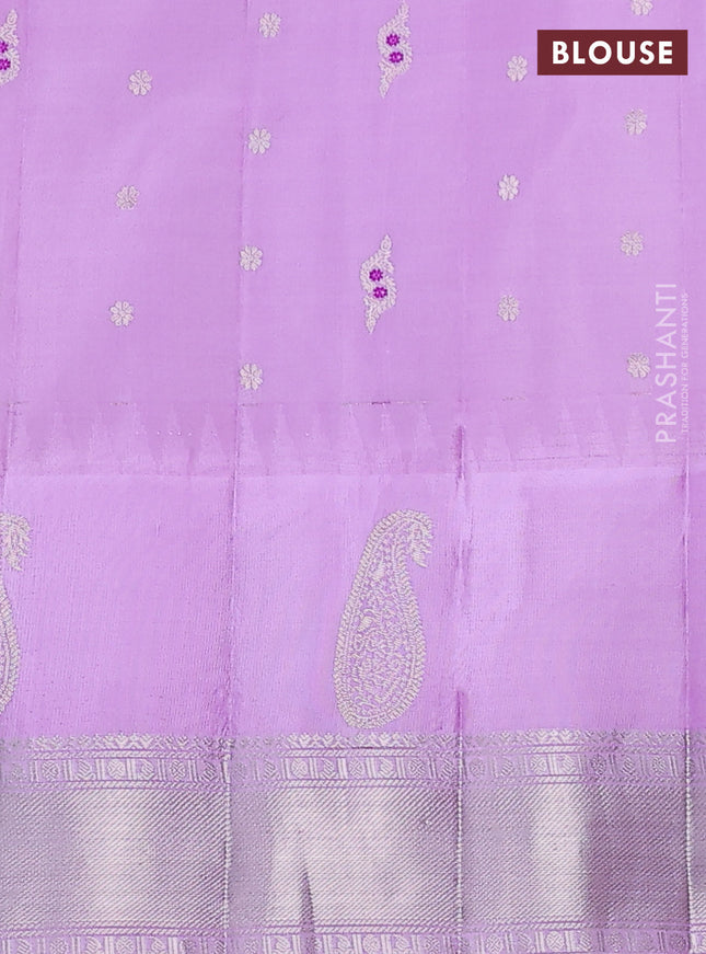 Pure gadwal silk saree purple and lavender with allover silver zari woven buttas and long paisley design silver zari woven border