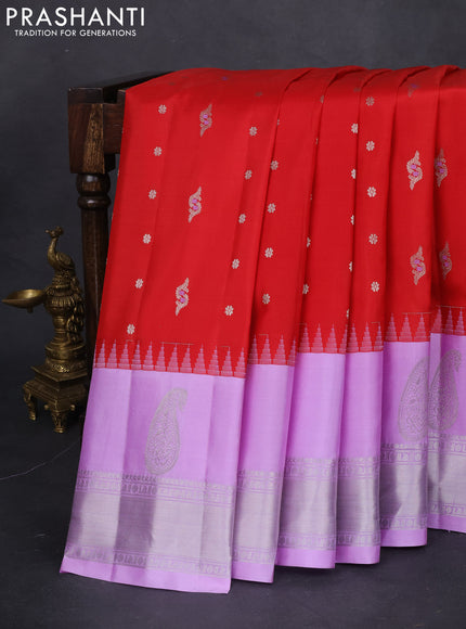 Pure gadwal silk saree red and lavender with allover silver zari woven buttas and long paisley design silver zari woven border