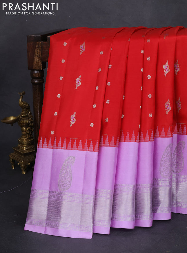 Pure gadwal silk saree red and lavender with allover silver zari woven buttas and long paisley design silver zari woven border