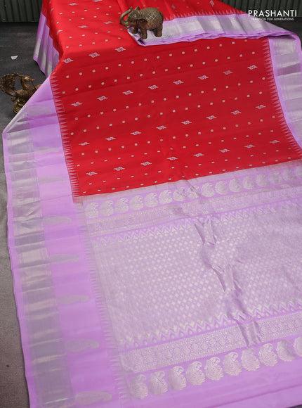 Pure gadwal silk saree red and lavender with allover silver zari woven buttas and long paisley design silver zari woven border
