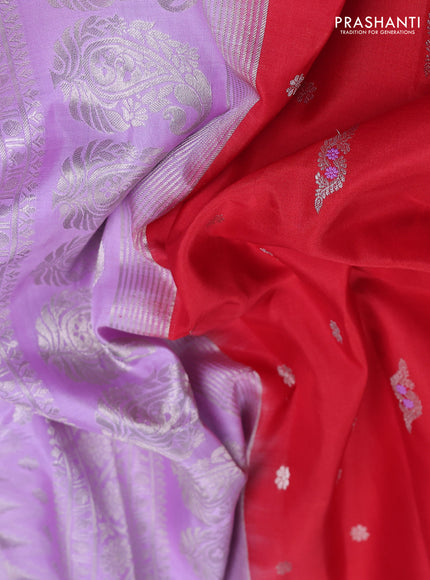 Pure gadwal silk saree red and lavender with allover silver zari woven buttas and long paisley design silver zari woven border