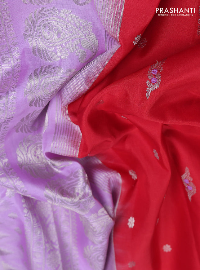 Pure gadwal silk saree red and lavender with allover silver zari woven buttas and long paisley design silver zari woven border