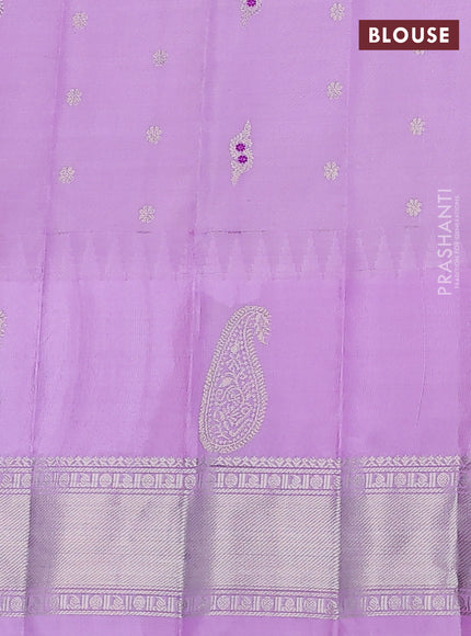 Pure gadwal silk saree red and lavender with allover silver zari woven buttas and long paisley design silver zari woven border