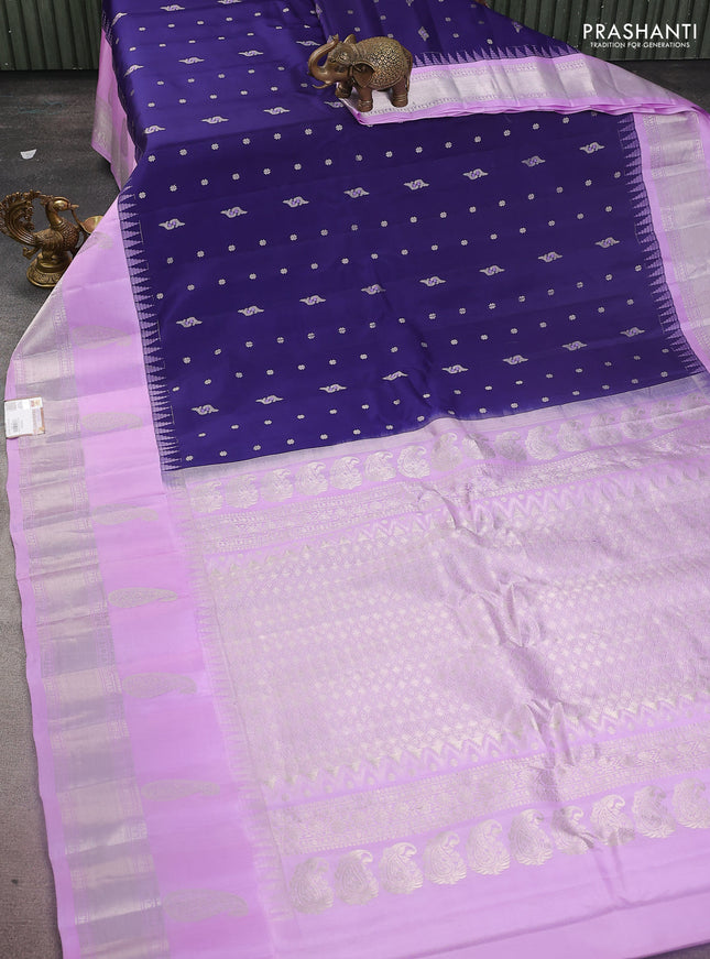 Pure gadwal silk saree navy blue and lavender with allover silver zari woven buttas and long paisley design silver zari woven border