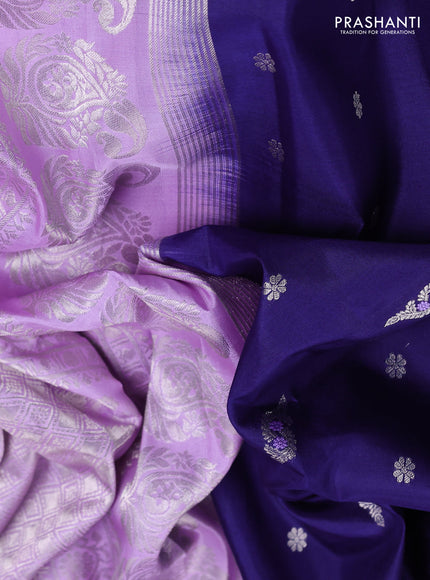 Pure gadwal silk saree navy blue and lavender with allover silver zari woven buttas and long paisley design silver zari woven border