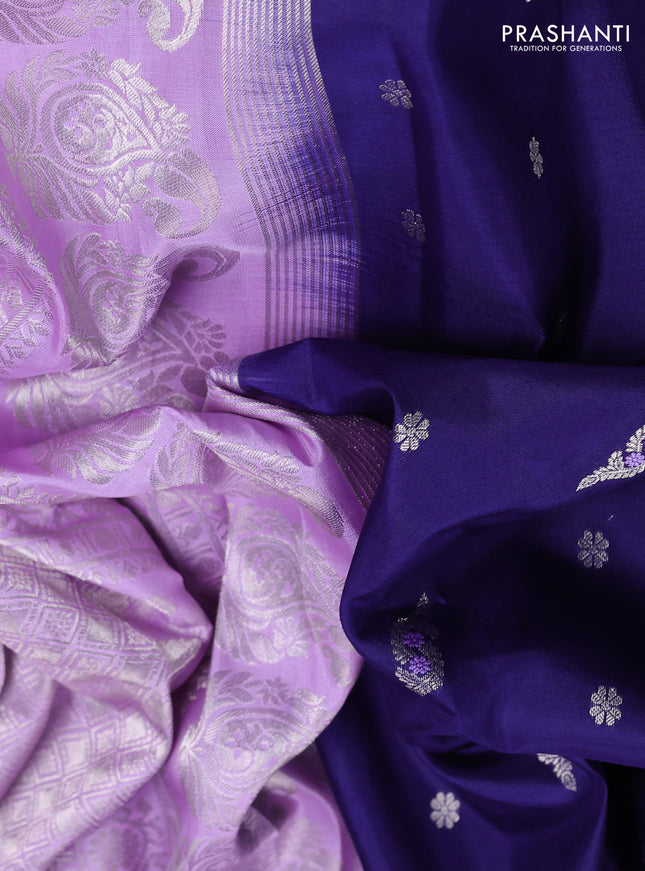 Pure gadwal silk saree navy blue and lavender with allover silver zari woven buttas and long paisley design silver zari woven border