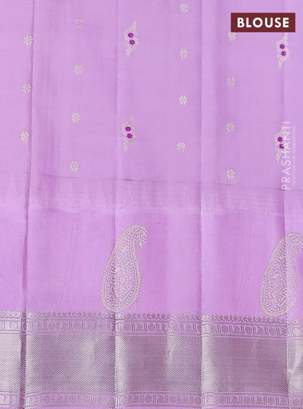 Pure gadwal silk saree navy blue and lavender with allover silver zari woven buttas and long paisley design silver zari woven border