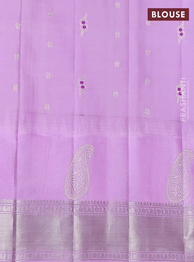 Pure gadwal silk saree navy blue and lavender with allover silver zari woven buttas and long paisley design silver zari woven border