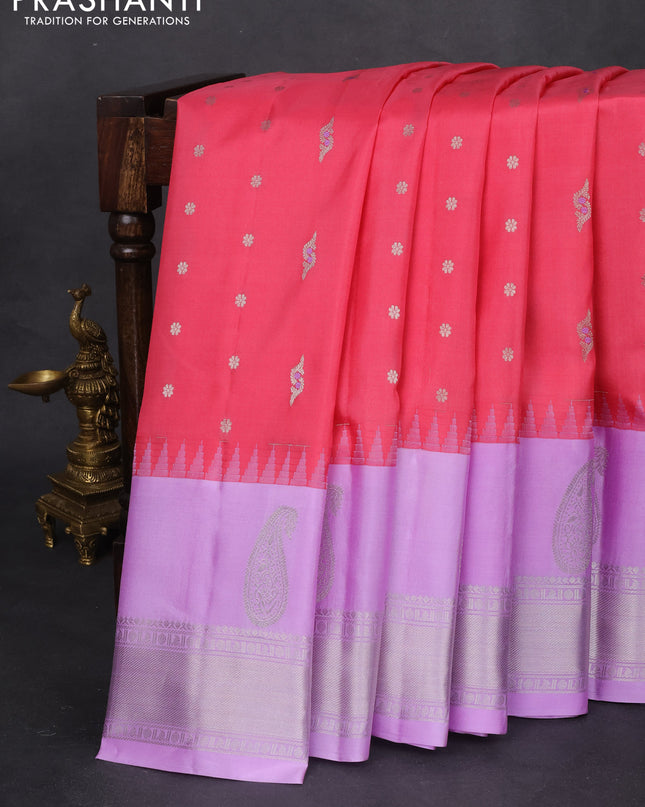Pure gadwal silk saree dark peach pink and lavender with allover silver zari woven buttas and long paisley design silver zari woven border