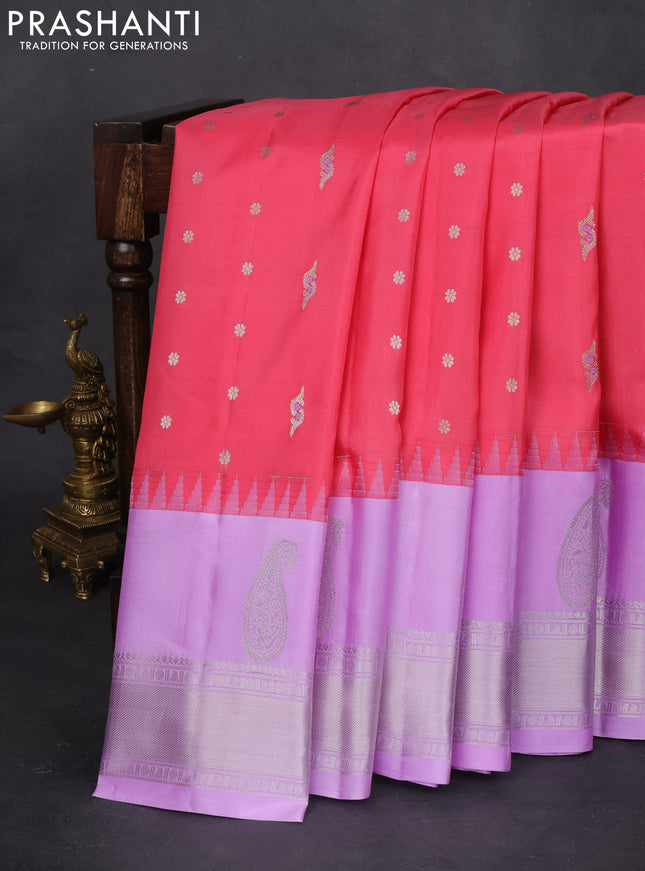 Pure gadwal silk saree dark peach pink and lavender with allover silver zari woven buttas and long paisley design silver zari woven border
