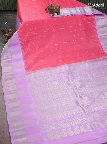 Pure gadwal silk saree dark peach pink and lavender with allover silver zari woven buttas and long paisley design silver zari woven border