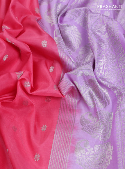 Pure gadwal silk saree dark peach pink and lavender with allover silver zari woven buttas and long paisley design silver zari woven border