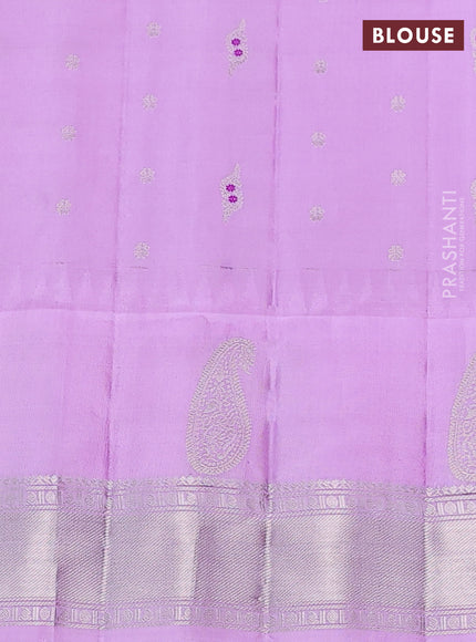 Pure gadwal silk saree dark peach pink and lavender with allover silver zari woven buttas and long paisley design silver zari woven border