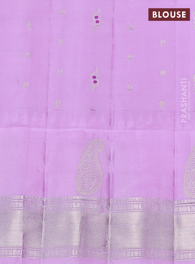 Pure gadwal silk saree dark peach pink and lavender with allover silver zari woven buttas and long paisley design silver zari woven border