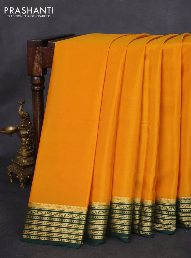 Pure mysore silk saree mango yellow and dark green with plain body and zari woven border