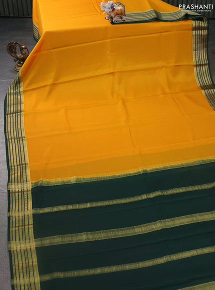 Pure mysore silk saree mango yellow and dark green with plain body and zari woven border