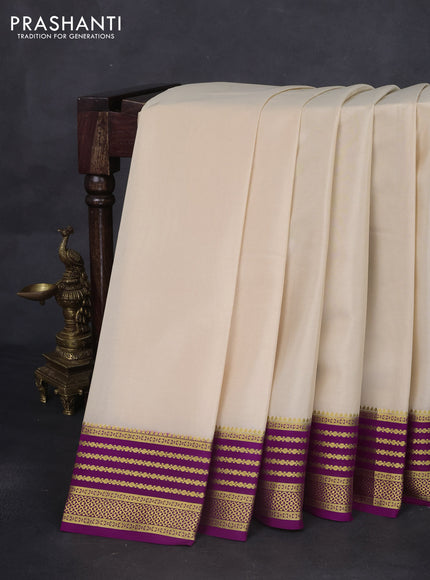 Pure mysore silk saree cream and purple with plain body and zari woven border
