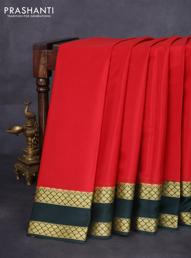 Pure mysore silk saree red and bottle green with plain body and rettapet zari woven border